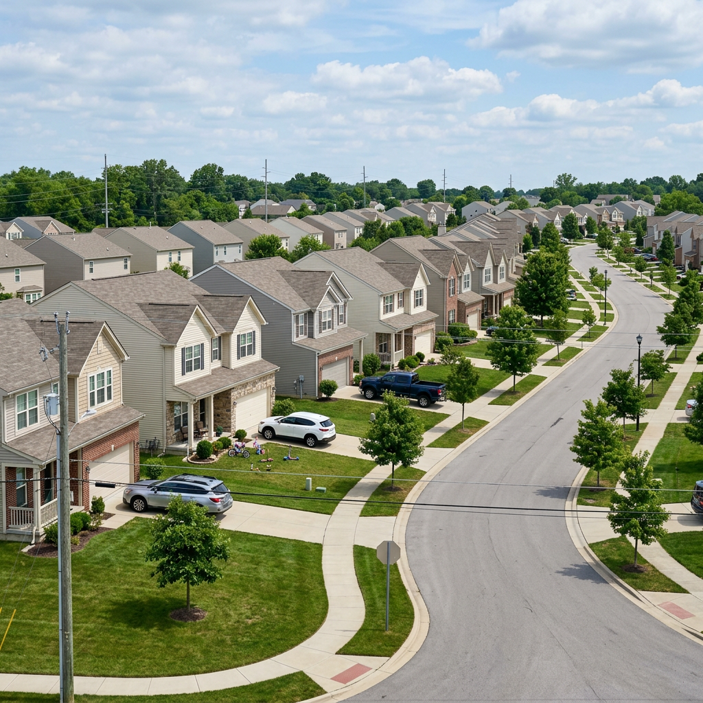 Curved residential street with two-story houses, cars, and trees