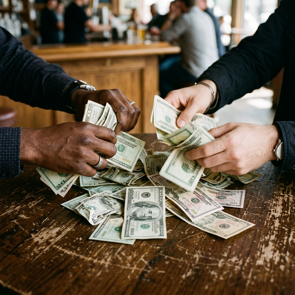 Two people counting and sorting US dollar bills on a worn wooden table